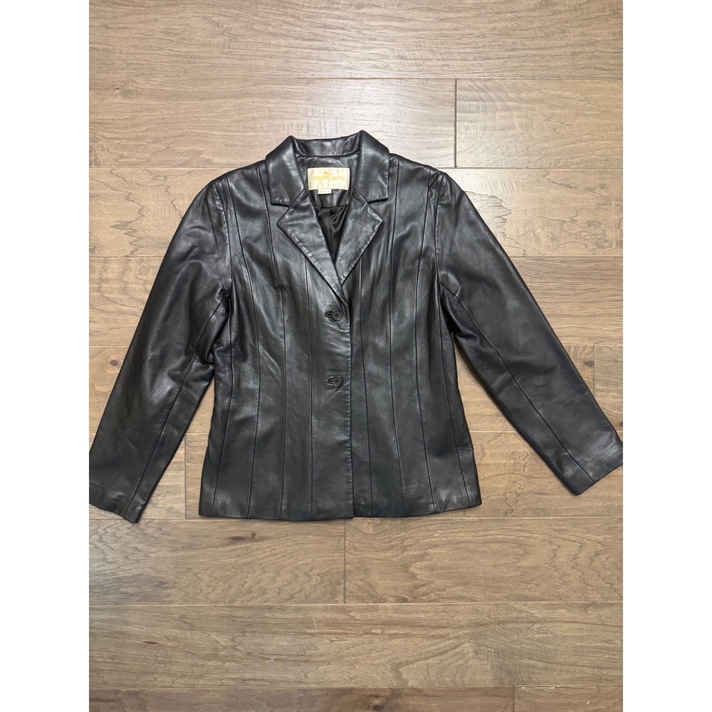 Vintage Margaret Godfrey Leather Blazer Women Black Leather Solid Tailored Chic